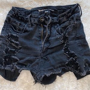 Distressed high waisted black denim shorts